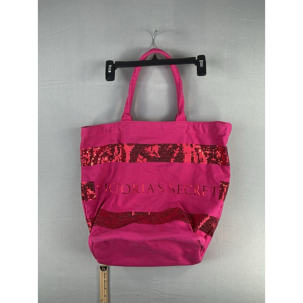 Victoria's Secret Hot Pink Canvas Sequined VS Logo Open Tote Beach Bag 18"Wx15"H